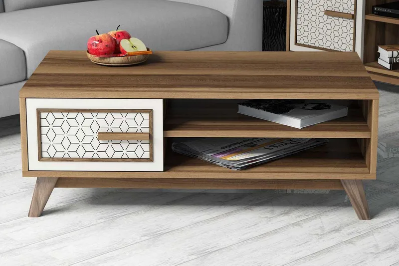 Hovdane Sofabord 105 cm Oppbevaring 2 Hyller+Skåp Diamantmøn, Brun/Hvit