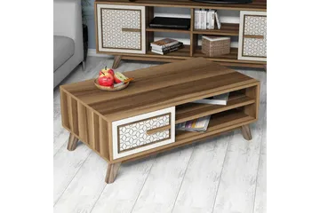 Hovdane Sofabord 105 cm Oppbevaring 2 Hyller+Skåp Diamantmøn - Brun/Hvit - Møbler - Bord - Sofabord & salongbord - Sofabord med oppbevaring