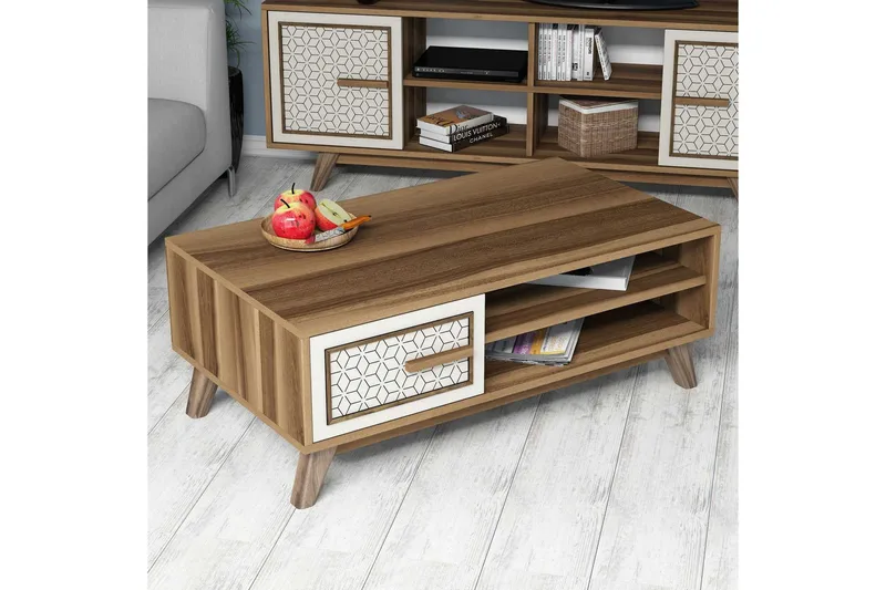 Hovdane Sofabord 105 cm Oppbevaring 2 Hyller+Skåp Diamantmøn - Brun/Hvit - Møbler - Bord - Sofabord & salongbord - Sofabord med oppbevaring