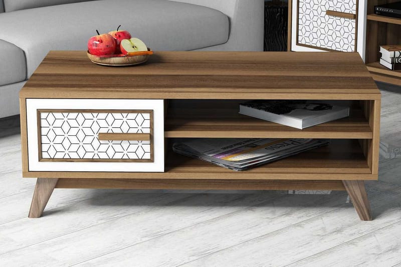 Hovdane Sofabord 105 cm Oppbevaring 2 Hyller+Skåp DiamantMøn, Eik/Hvit/Brun