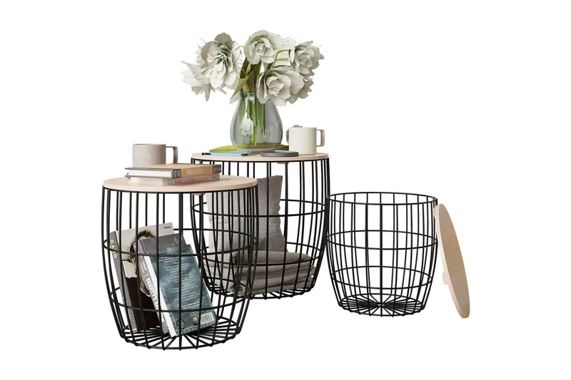 Howig Stablebart Rundt Sofabord med Lokk i Metall med Treplate, Sort|Beige