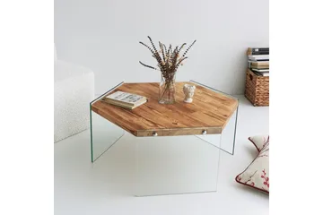 Huven 80 cm Hexagon Sofabord med Glassben i Furu - Natur - Møbler - Bord - Sofabord & salongbord