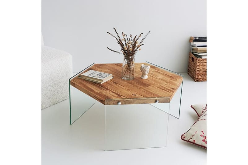 Huven 80 cm Hexagon Sofabord med Glassben i Furu - Natur - Møbler - Bord - Sofabord & salongbord