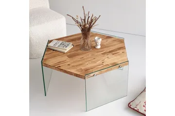 Huven 80 cm Hexagon Sofabord med Glassben i Furu - Natur - Møbler - Bord - Sofabord & salongbord