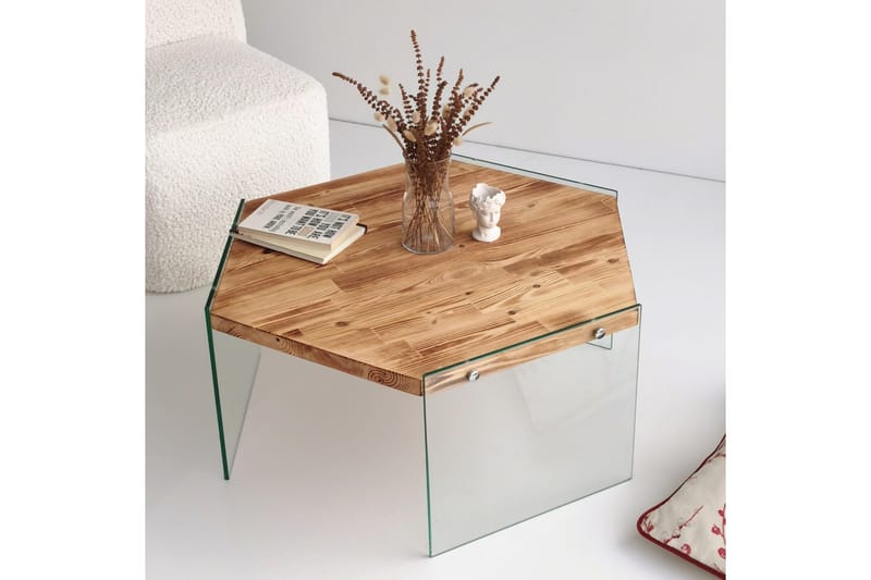 Huven 80 cm Hexagon Sofabord med Glassben i Furu - Natur - Møbler - Bord - Sofabord & salongbord