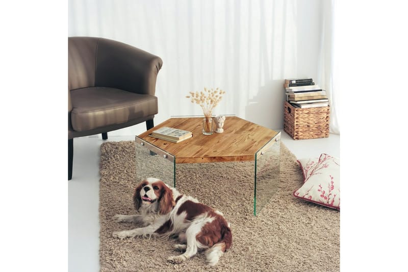Huven 80 cm Hexagon Sofabord med Glassben i Furu - Natur - Møbler - Bord - Sofabord & salongbord
