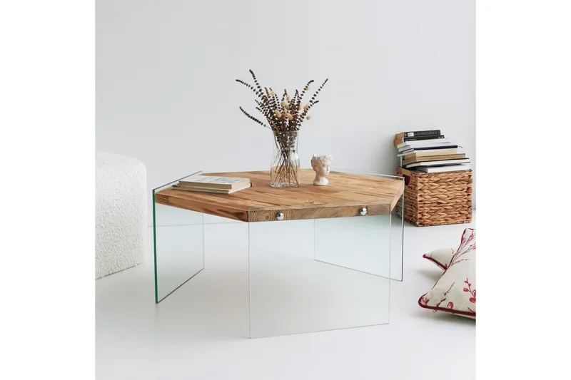 Huven 80 cm Hexagon Sofabord med Glassben i Furu - Natur - Møbler - Bord - Sofabord & salongbord