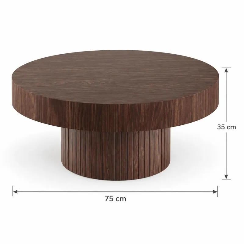 Kopparbo Rundt Sofabord 75 cm i Tre med Valnøttutseende og Ribbet Søylefot - Brun - Møbler - Bord - Sofabord & salongbord