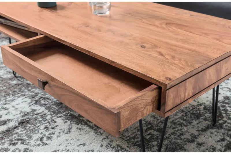 Langner Sofabord 60 cm med Oppbevaring 2 Skuffer + Hyller - Akacia/Svart - Møbler - Bord - Sofabord & salongbord - Sofabord med oppbevaring