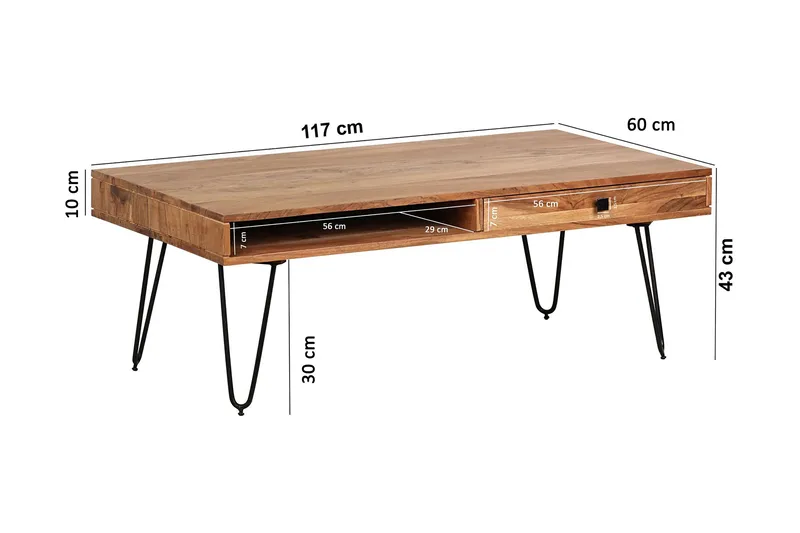 Langner Sofabord 60 cm med Oppbevaring 2 Skuffer + Hyller - Akacia/Svart - Møbler - Bord - Sofabord & salongbord - Sofabord med oppbevaring