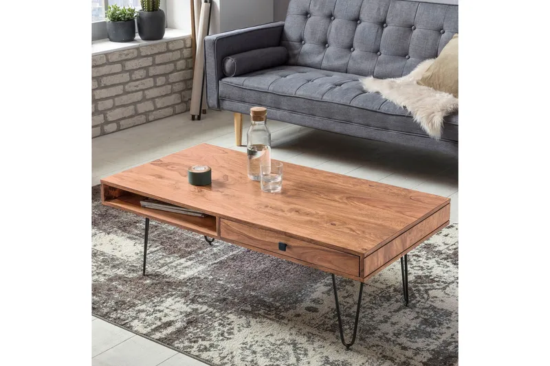 Langner Sofabord 60 cm med Oppbevaring 2 Skuffer + Hyller - Akacia/Svart - Møbler - Bord - Sofabord & salongbord - Sofabord med oppbevaring