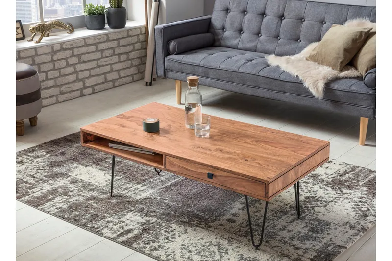 Langner Sofabord 60 cm med Oppbevaring 2 Skuffer + Hyller - Akacia/Svart - Møbler - Bord - Sofabord & salongbord - Sofabord med oppbevaring