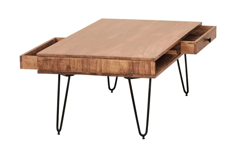 Langner Sofabord 60 cm med Oppbevaring 2 Skuffer + Hyller, Akacia/Svart