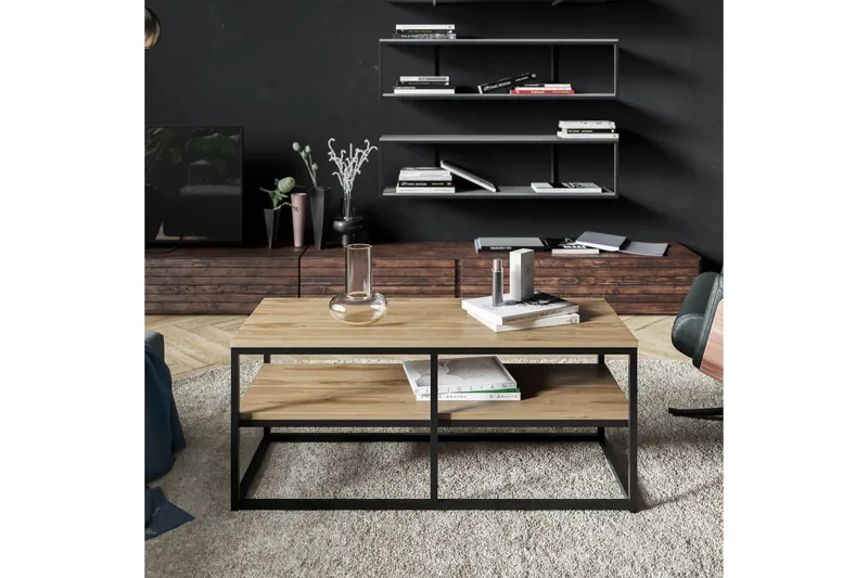 Lunnom Sofabord 110 cm med Oppbevaringshylle - Brun/Svart - Møbler - Bord - Sofabord & salongbord