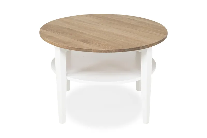 Mantorp Sofabord 80 cm Rundt med Oppbevaring Hylle, Massiv Eik/Hvit