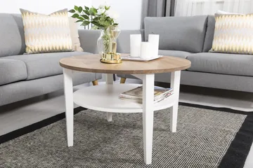 Mantorp Sofabord 80 cm Rundt med Oppbevaring Hylle - Massiv Eik/Hvit - Møbler - Bord - Sofabord & salongbord - Sofabord med oppbevaring