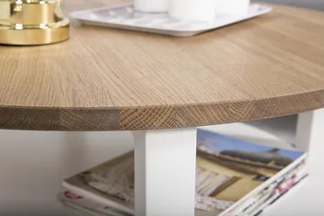 Mantorp Sofabord 80 cm Rundt med Oppbevaring Hylle - Massiv Eik/Hvit - Møbler - Bord - Sofabord & salongbord