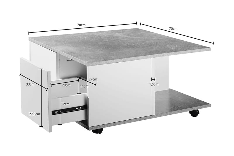Marchall 70 cm Kvadratisk Sofabord med Skuffer og Hjul i Tre - Betonggrå - Møbler - Bord - Sofabord & salongbord - Sofabord med hjul