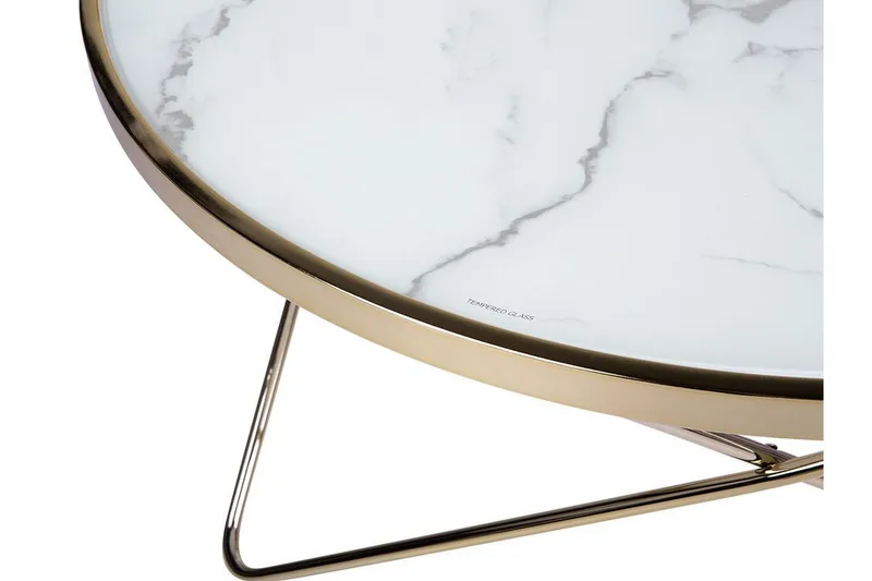 Meerah Sofabord 80 cm Rundt Marmormønster - Glass/Hvit/Gull - Møbler - Bord - Sofabord & salongbord