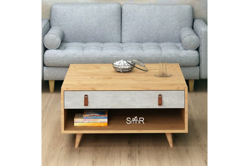 Mod Design Sofabord 80 cm med Oppbevaring Skuff + Hylle Lærb - Grå/Tre - Møbler - Bord - Sofabord & salongbord - Sofabord med oppbevaring