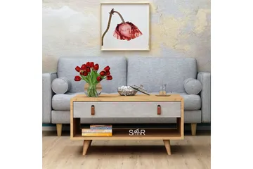 Mod Design Sofabord 80 cm med Oppbevaring Skuff + Hylle Lærb - Grå/Tre - Møbler - Bord - Sofabord & salongbord