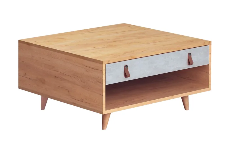 Mod Design Sofabord 80 cm med Oppbevaring Skuff + Hylle Lærb, Grå/Tre
