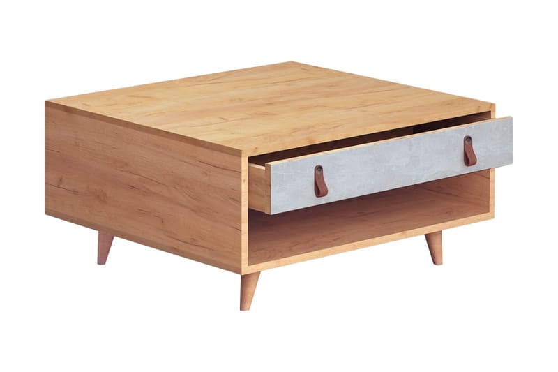 Mod Design Sofabord 80 cm med Oppbevaring Skuff + Hylle Lærb - Grå/Tre - Møbler - Bord - Sofabord & salongbord - Sofabord med oppbevaring