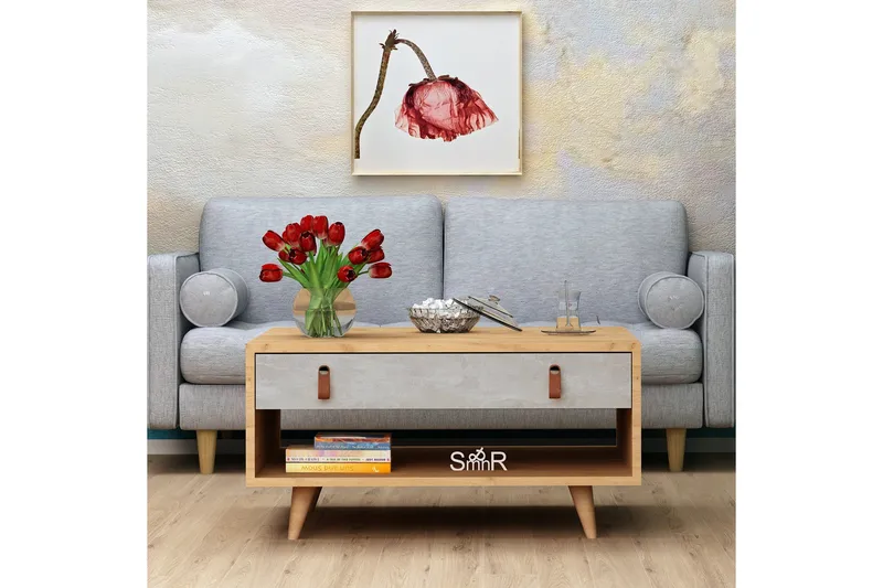 Mod Design Sofabord 80 cm med Oppbevaring Skuff + Hylle Lærb - Grå/Tre - Møbler - Bord - Sofabord & salongbord - Sofabord med oppbevaring