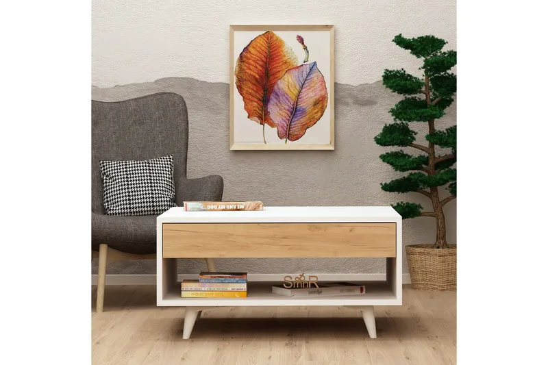 Mod Design Sofabord 80 cm med Oppbevaringsskuff + Hylle - Tre/Hvit - Møbler - Bord - Sofabord & salongbord - Sofabord med oppbevaring