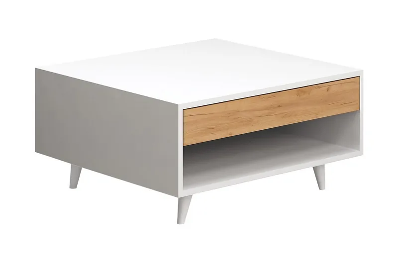 Mod Design Sofabord 80 cm med Oppbevaringsskuff + Hylle, Tre/Hvit