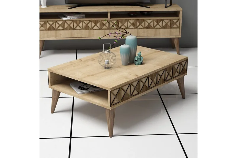 Muennink Sofabord 90 cm med Oppbevaringshylle - Eikefarge - Møbler - Bord - Sofabord & salongbord - Sofabord med oppbevaring