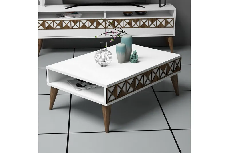 Muennink Sofabord 90 cm med Oppbevaringshylle - Hvit/Brun - Møbler - Bord - Sofabord & salongbord - Sofabord med oppbevaring