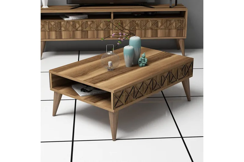 Muennink Sofabord 90 cm med Oppbevaringshylle - Valnøttsbrun - Møbler - Bord - Sofabord & salongbord - Sofabord med oppbevaring