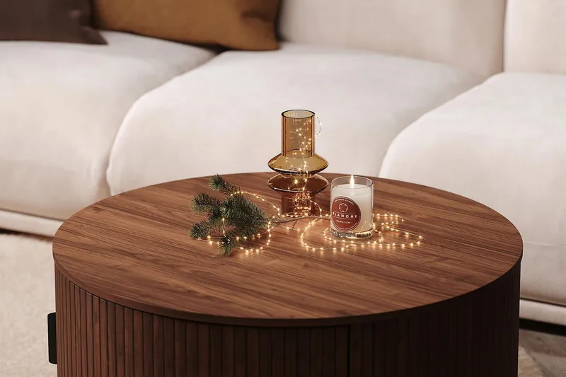 Noira Rundt Sofabord 80 cm med Oppbevaring Skuff - Valnøtt / Brunt Tre - Møbler - Bord - Sofabord & salongbord - Sofabord med oppbevaring