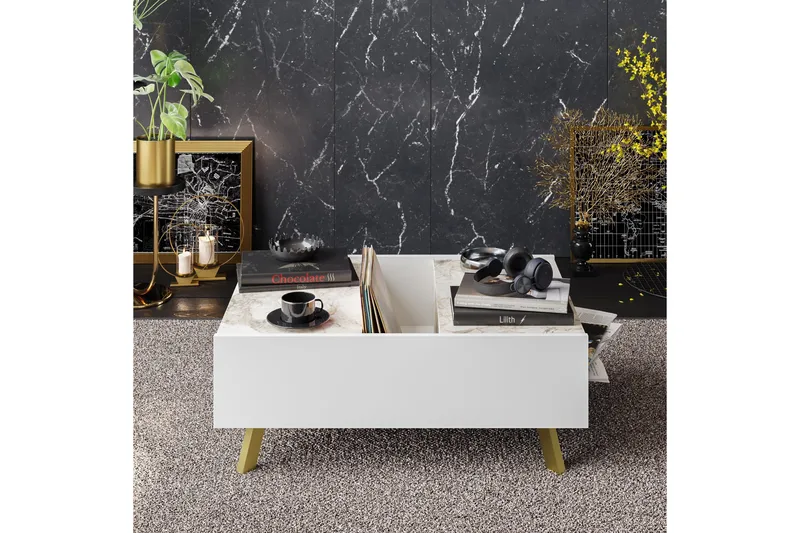 Ocotla Sofabord 90 cm med Oppbevaring Marmormønster - Hvit/Mørkebrun - Møbler - Bord - Sofabord & salongbord