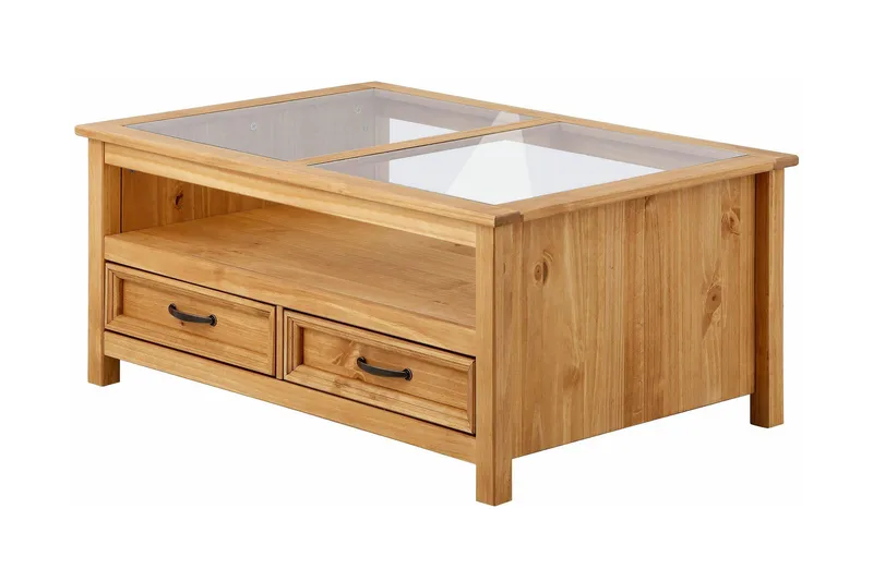 Purnima Sofabord 100 cm med Oppbevaring 2 Skuffer + Hylle - Glass/Brun - Møbler - Bord - Sofabord & salongbord - Sofabord med oppbevaring