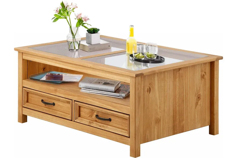 Purnima Sofabord 100 cm med Oppbevaring 2 Skuffer + Hylle - Glass/Brun - Møbler - Bord - Sofabord & salongbord