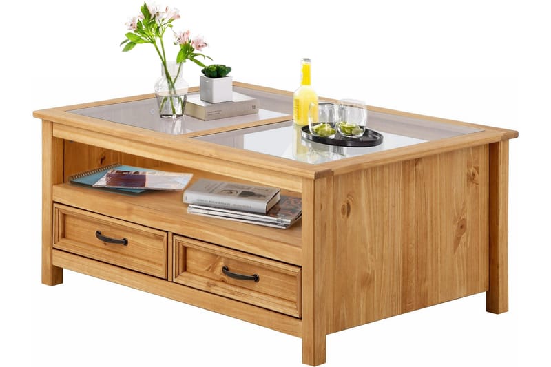 Purnima Sofabord 100 cm med Oppbevaring 2 Skuffer + Hylle - Glass/Brun - Møbler - Bord - Sofabord & salongbord - Sofabord med oppbevaring