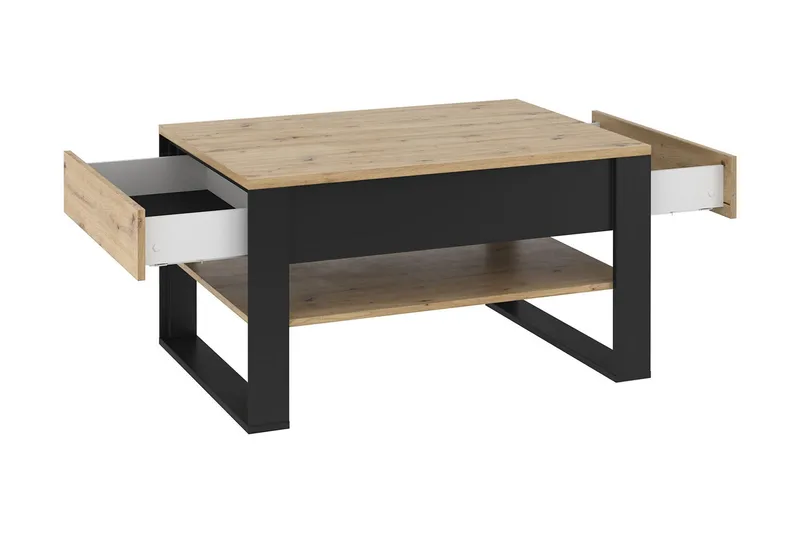 Quant Sofabord 100 cm med Oppbevaring 2 Skuffer + Hylle - Eikefarge/Svart - Møbler - Bord - Sofabord & salongbord - Sofabord med oppbevaring