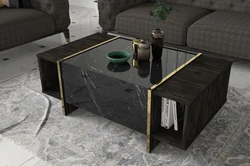 Riello Sofabord 104 cm med Oppbevaringshyller + Lucka - Svart/Gull - Møbler - Bord - Sofabord & salongbord