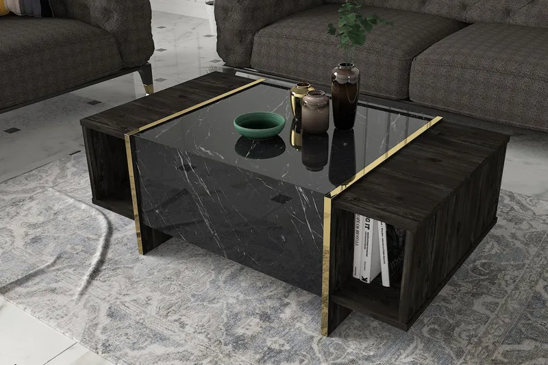 Riello Sofabord 104 cm med Oppbevaringshyller + Lucka - Svart/Gull - Møbler - Bord - Sofabord & salongbord