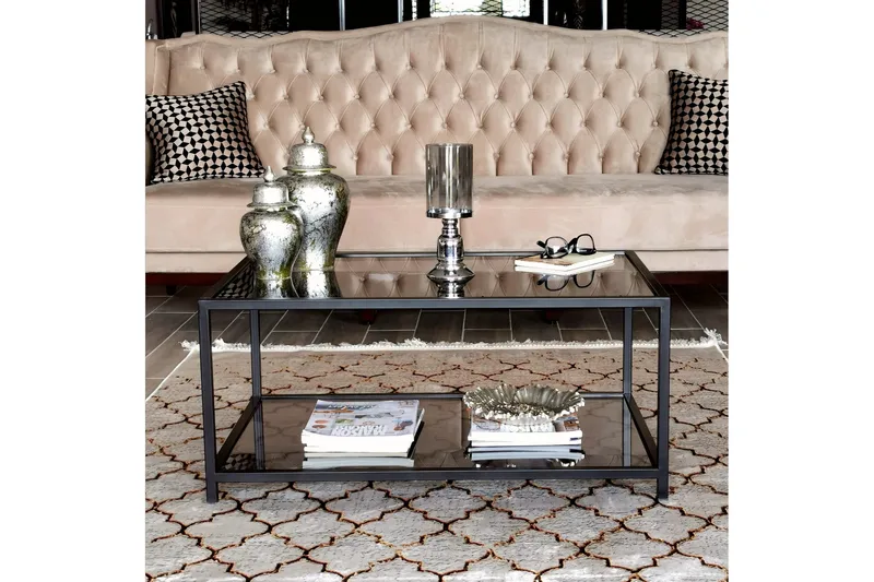 Sabani Sofabord 90 cm med Oppbevaring Hylle - Glass/Røykfarget/Svart - Møbler - Bord - Sofabord & salongbord