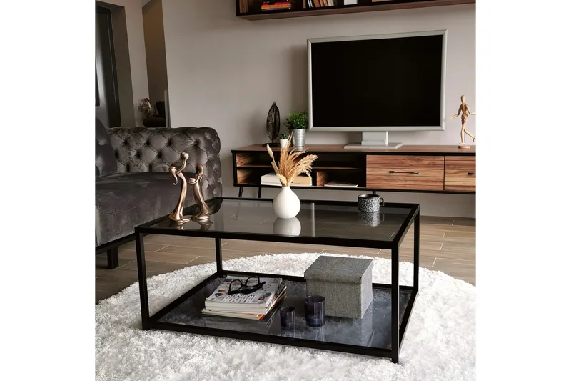 Sabani Sofabord 90 cm med Oppbevaring Hylle - Glass/Røykfarget/Svart - Møbler - Bord - Sofabord & salongbord