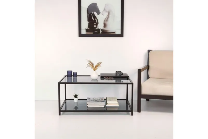 Sabani Sofabord 90 cm med Oppbevaring Hylle - Glass/Røykfarget/Svart - Møbler - Bord - Sofabord & salongbord