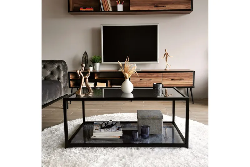 Sabani Sofabord 90 cm med Oppbevaring Hylle - Glass/Røykfarget/Svart - Møbler - Bord - Sofabord & salongbord