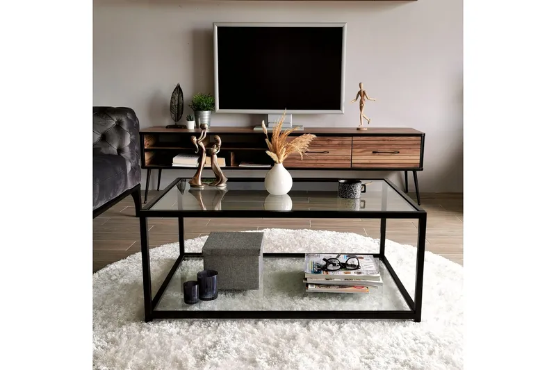 Sabani Sofabord 90 cm med Oppbevaring Hylle - Glass/Svart - Møbler - Bord - Sofabord & salongbord