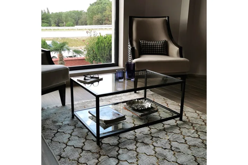 Sabani Sofabord 90 cm med Oppbevaring Hylle - Glass/Svart - Møbler - Bord - Sofabord & salongbord