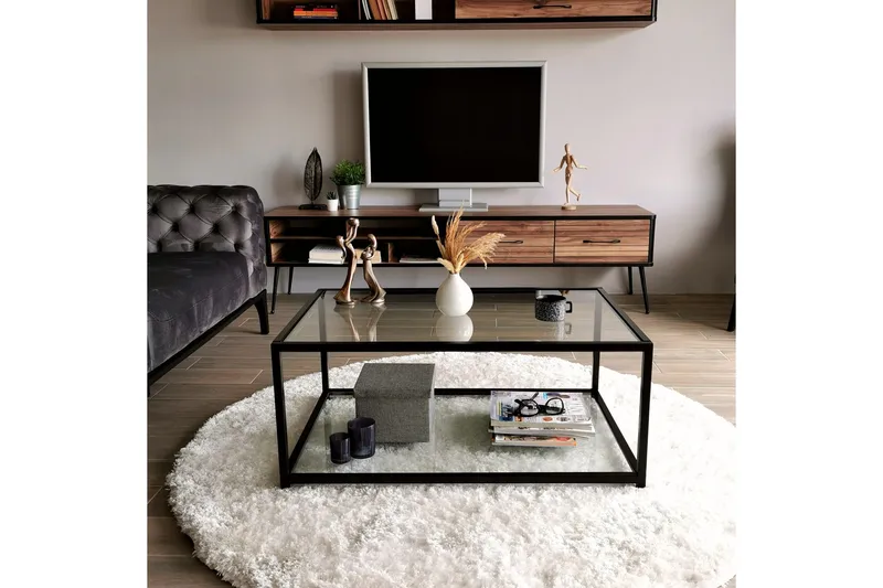 Sabani Sofabord 90 cm med Oppbevaring Hylle - Glass/Svart - Møbler - Bord - Sofabord & salongbord