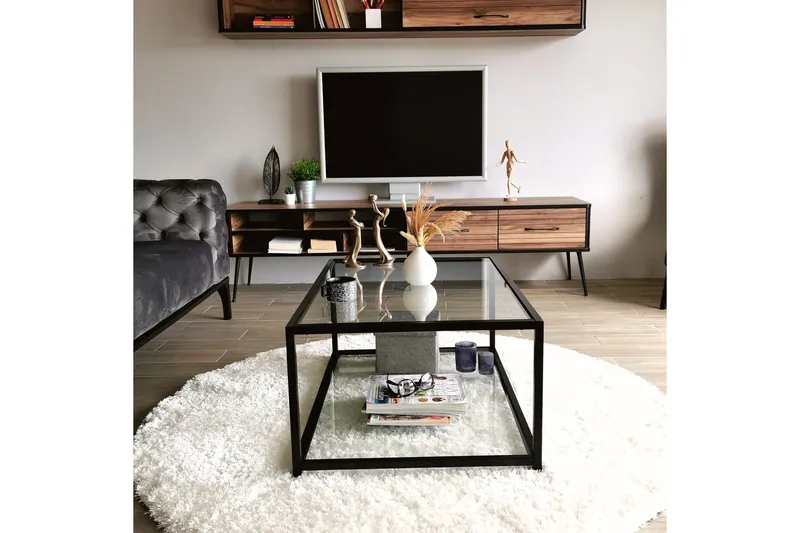 Sabani Sofabord 90 cm med Oppbevaring Hylle - Glass/Svart - Møbler - Bord - Sofabord & salongbord