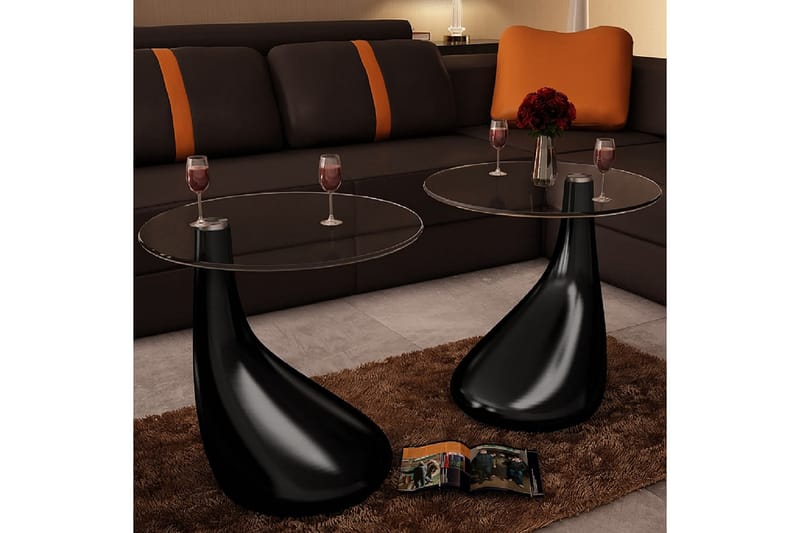 Salongbord med rund glassflate 2 stk høyglans svart - Svart - Sofabord & salongbord